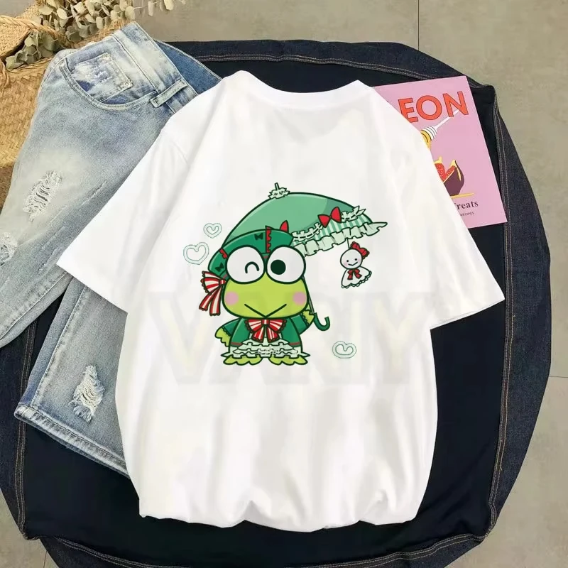 Camiseta MINISO para mujer, camiseta de manga corta con estampado de Keroppi de Anime, camiseta holgada Retro estilo Harajuku para parejas, Tops Y2k