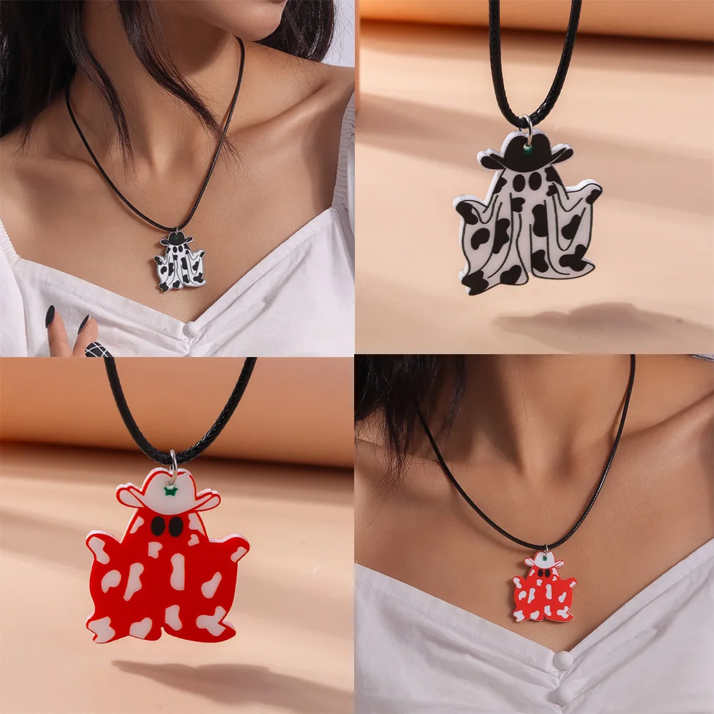 

Red White Hats Hide Rope Necklaces for Women Halloween Personality Niche Fashion Sparkle Collarbone Chain Halloween Jewelry 스파클