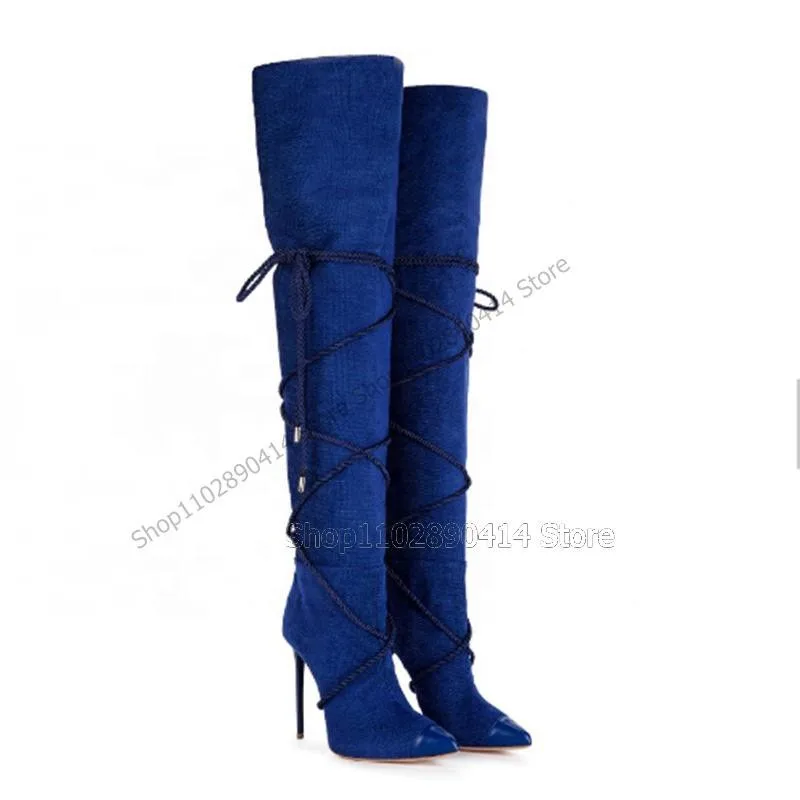 

Blue Denim Strappy Pointed Toe Boots Lace Up Women Shoes Stilettos High Heels Runway Novel Fashion Sexy 2023 Zapatos Para Mujere