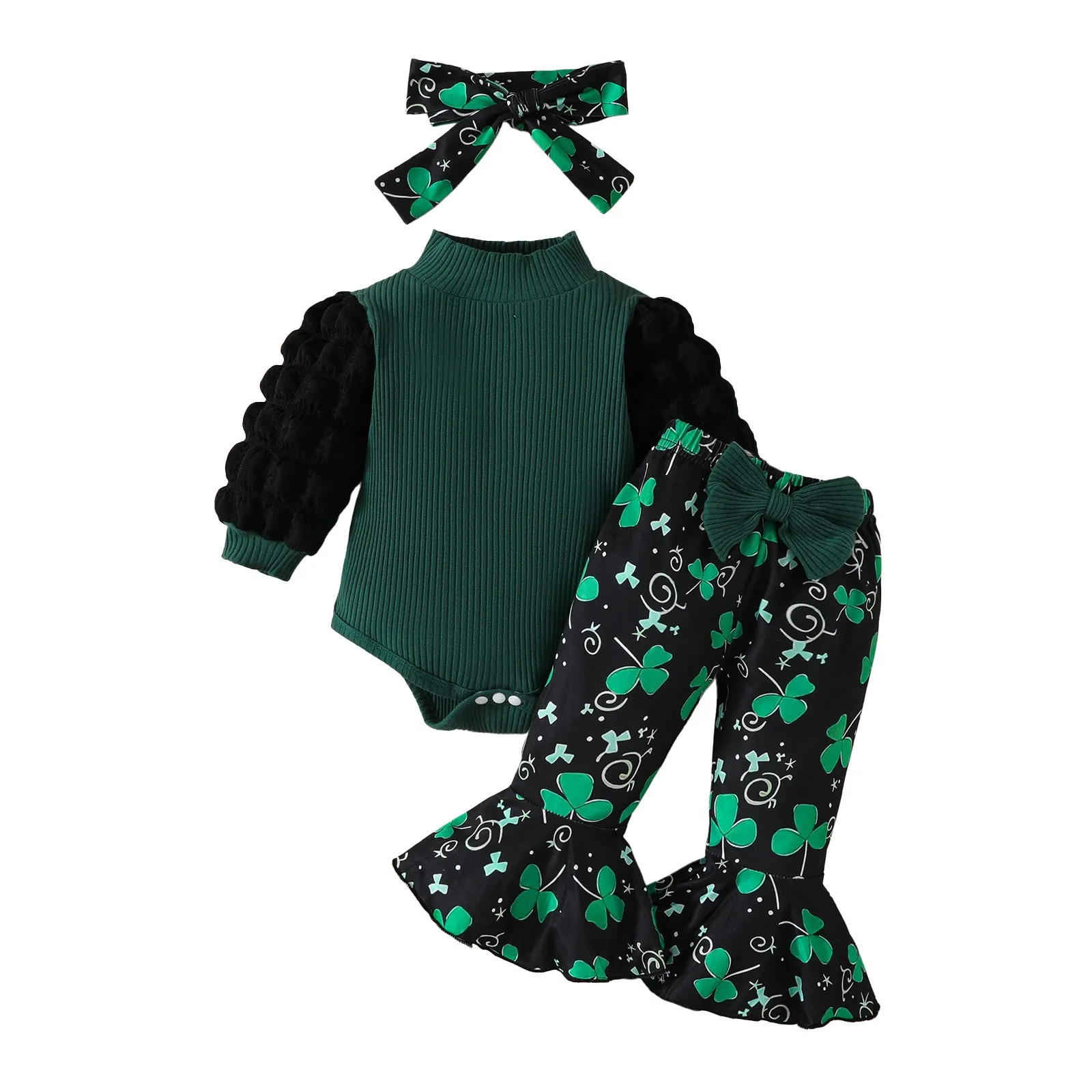 

New Stuff Baby Girl St. Patrick's Day Small Turtleneck Bubble Long Sleeve Green Triangle Cloverleaf Flared Checke Sweat Suit