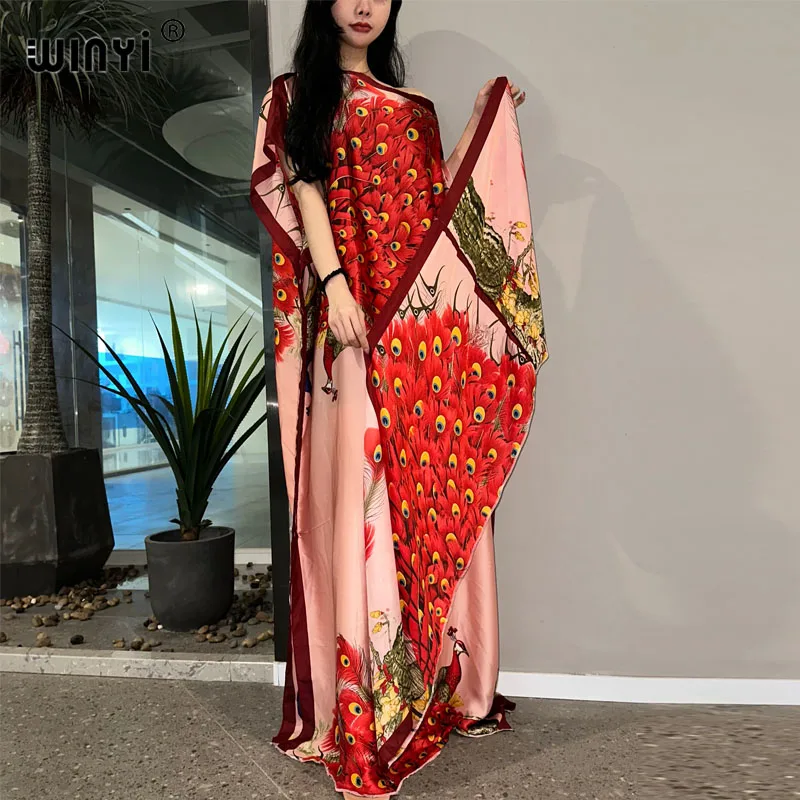 WINYI Africa summer kaftan with belt Women Classic peacock print Caftan Elegant Holiday summer Maxi silk Bohemian party dress