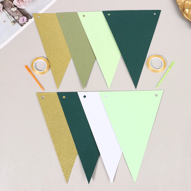 1Set Gold And Green Paper Triangular Flags Bunting Baby Bride Gift Party Birthday Party Decoration Wedding Party Banner