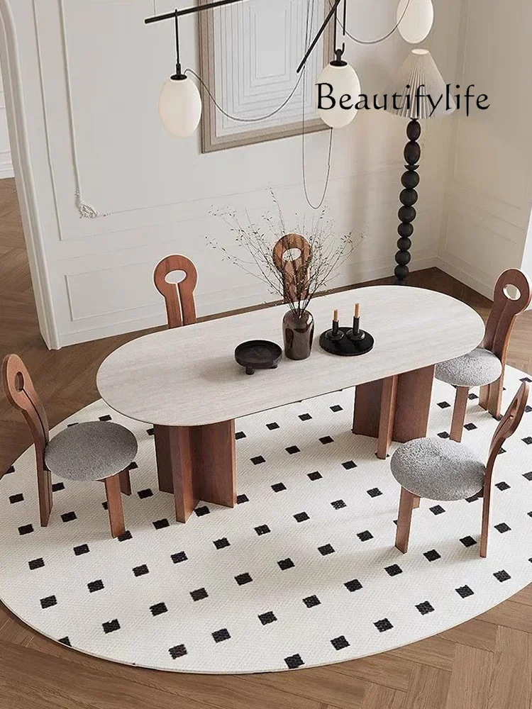 

Stone Plate Dining Table Household Solid Wood Small Apartment Modern Simple and Light Luxury Cream Style Tea Table
