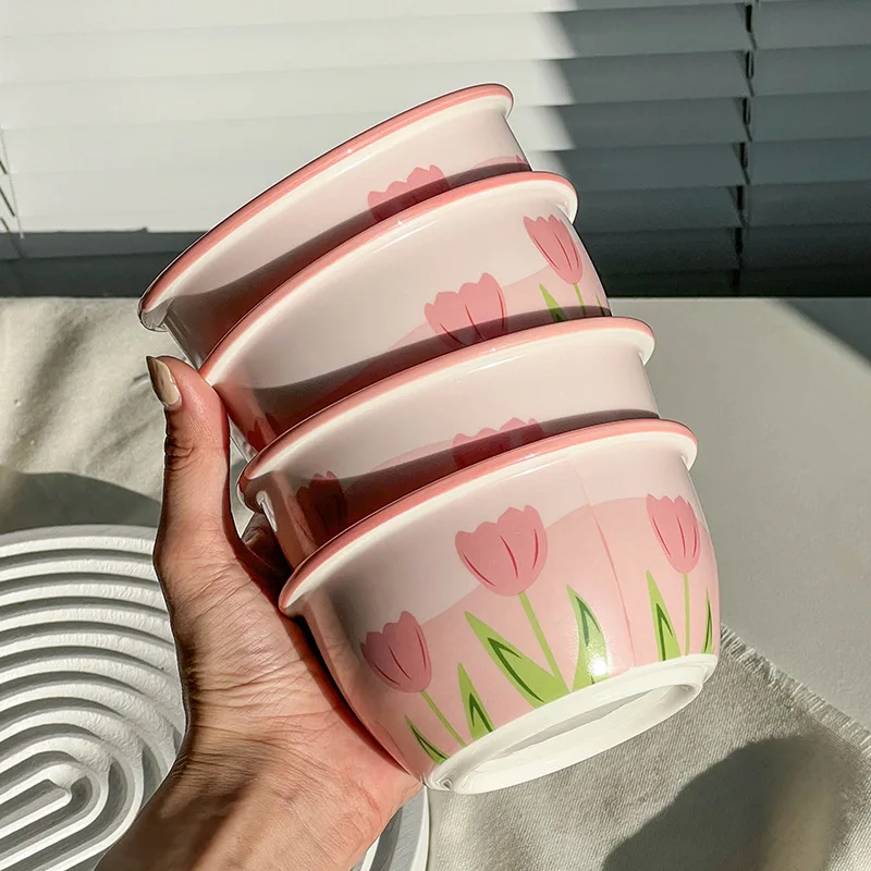 Pink Tulip Ceramic Tableware Set Ins Dishes and Bowls Household Underglaze Colored Girl Heart High Beauty Plate Spoon One Person