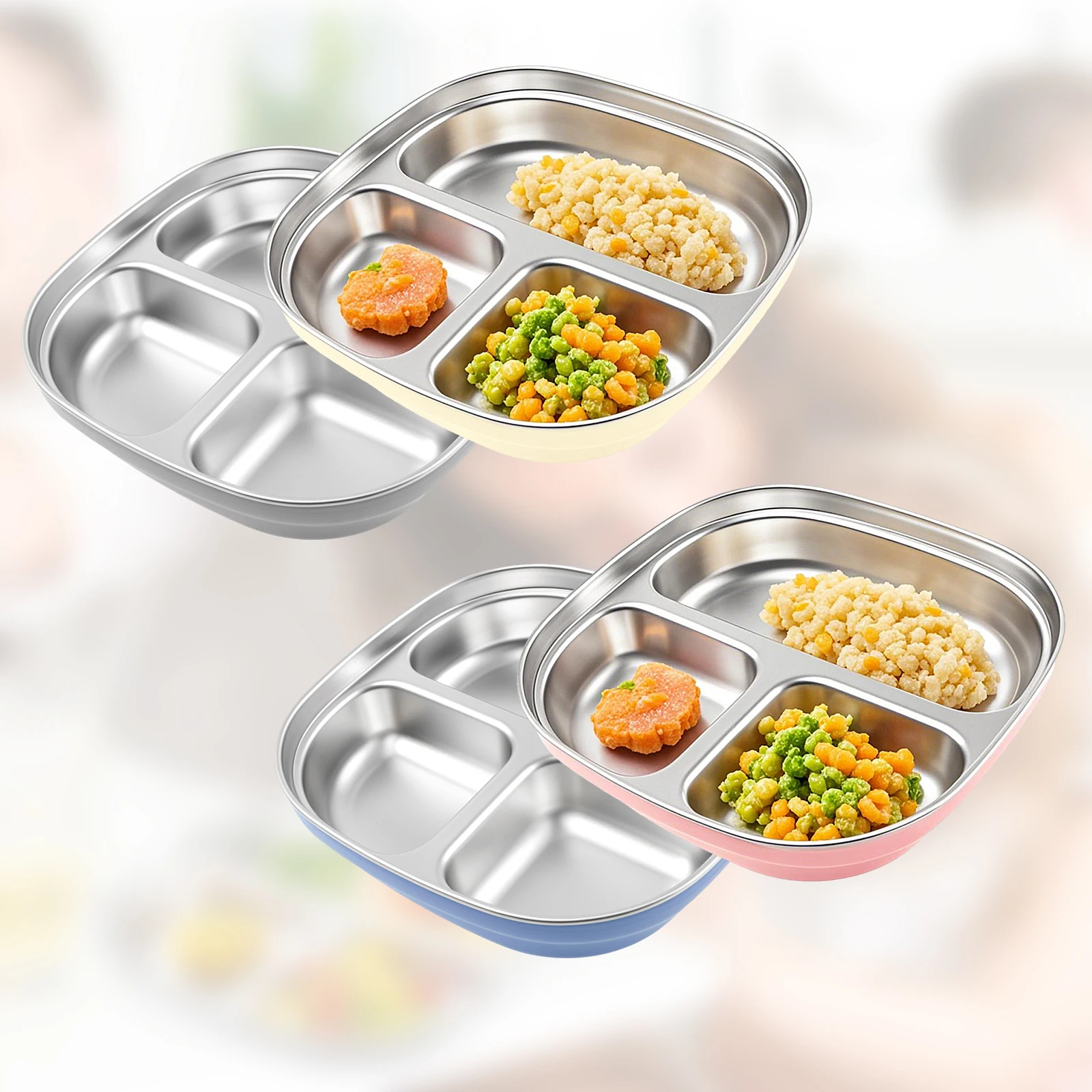 2Pcs Stainless Steel Baby Suction Plate Easy to Clean Heat Resistant Baby Divided Plate With Silicone Suction Cup for Toddlers