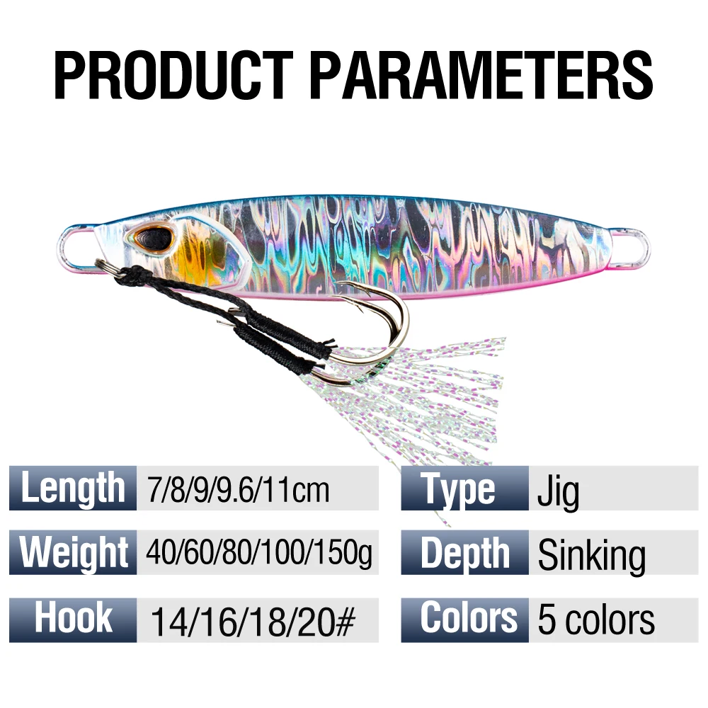 1Pc Leuchtende Metall Jigs Angeln Locken Sinking mit Assist Haken 40g/60g/80g/100g/150g Laser Jigging Casting Köder Künstliche Köder – Detail 2