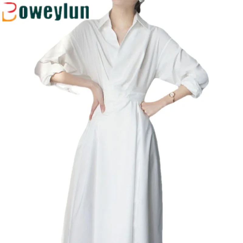 

Boweylun New Women's French Long Shirt Dress Single-Breasted Mid-waist Solid Colour Frock Female Summer