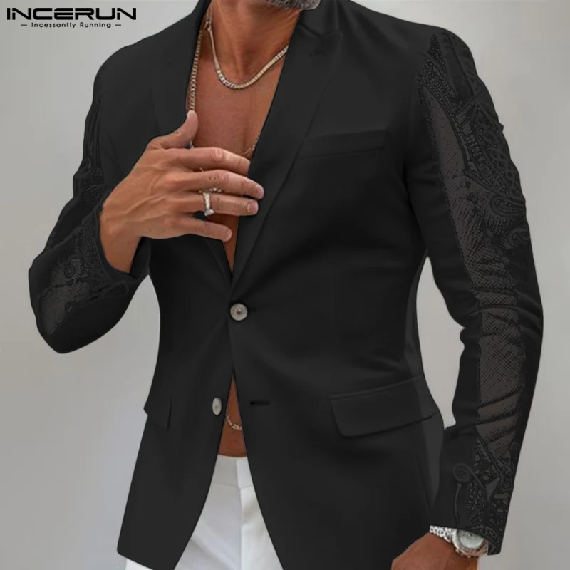 Fashion Casual Style Tops INCERUN New Mens Perspective Lace Splicing Design Suit Coats Male Solid Long Sleeved Blazer S-5XL 2024