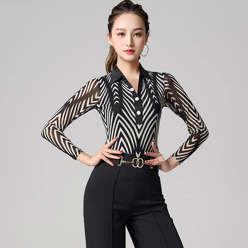 

National Standard Dance Top For Women Training Clothes New Latin Dance Mesh Long Sleeve Shirts Modern Waltz Latin Wear DQL8149
