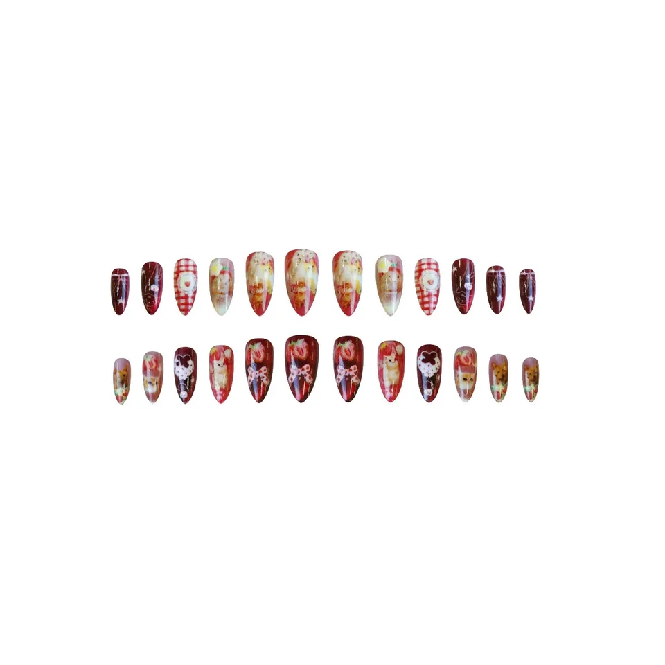 24 piezas de uñas de presión con ojo de gato y fresa, estilo vintage japonés, uñas postizas de almendra lindas con moños de gato y estampado de cuadros 4
