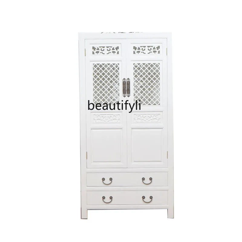 

New Chinese retro cabinet display stand white storage cabinet solid wood furniture living room decorative cabinet