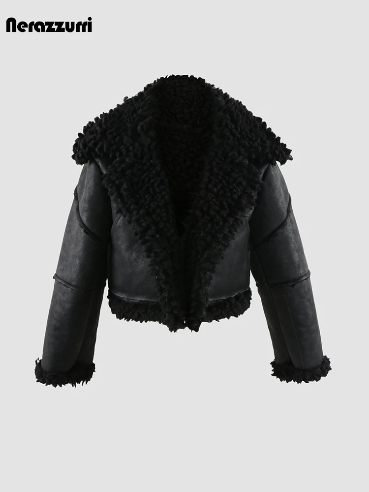 Nerazzurri Autumn Winter Short Black Thick Warm Faux Sheepskin Coat Women Loose Luxury Designer Clothes 2024 Fuzzy Fluffy Jacket