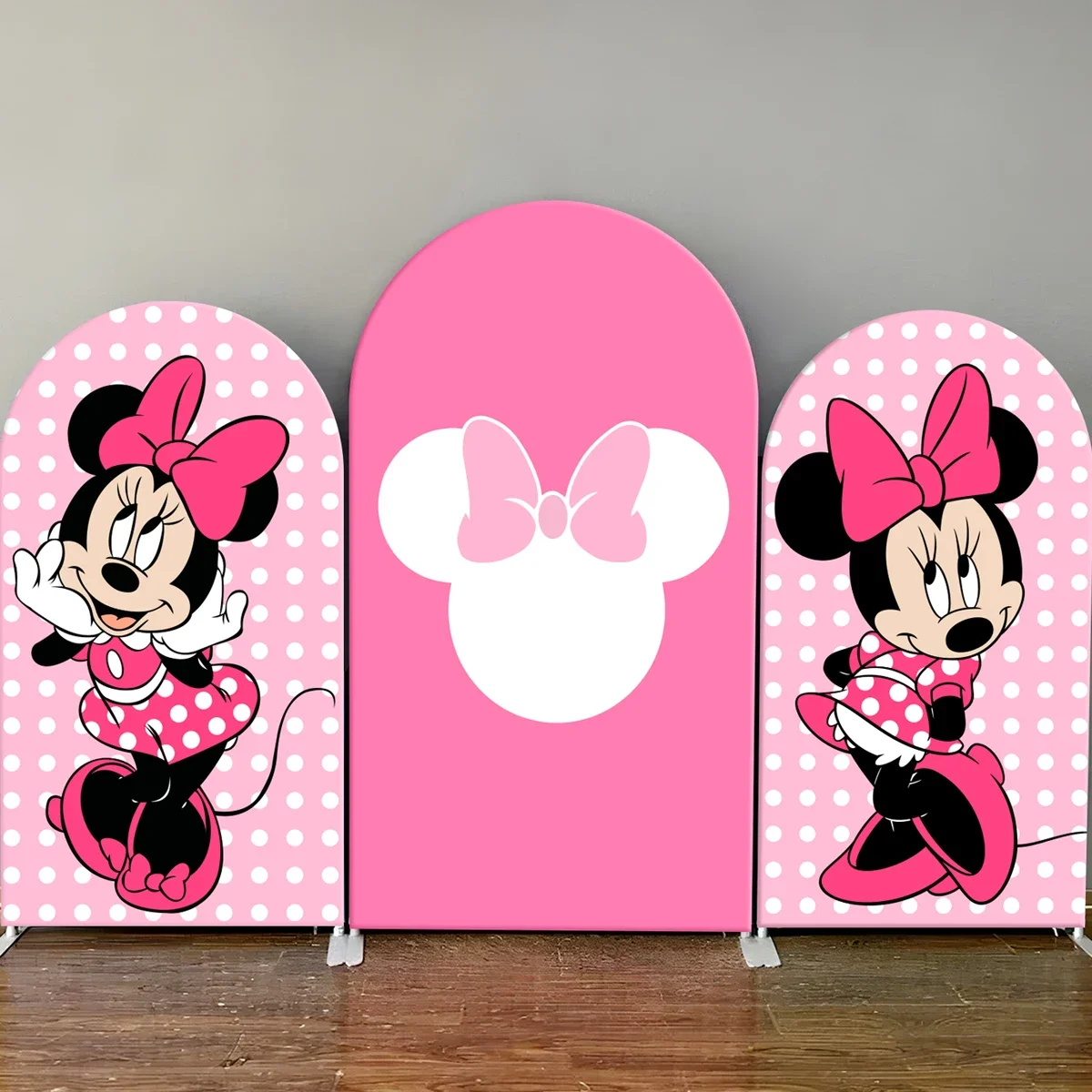 

Disney Minnie Mouse Arch Backdrop Cover Pink Dot Baby Shower Girl Birthday Party Decoration Photo Background Wall Elastic Fabric