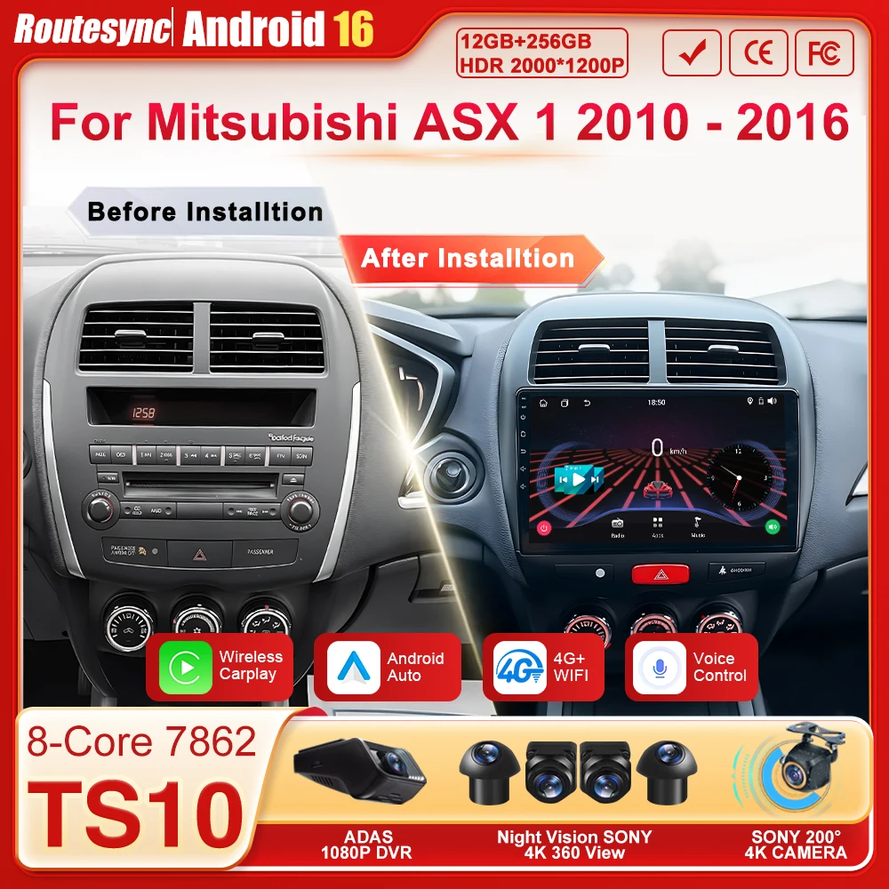 

Android 16 For Mitsubishi ASX 1 2010 - 2016 Car Radio Audio Player CarPlay Head Unit 4G WiFi GPS Touch Screen FM DSP No 2din DVD