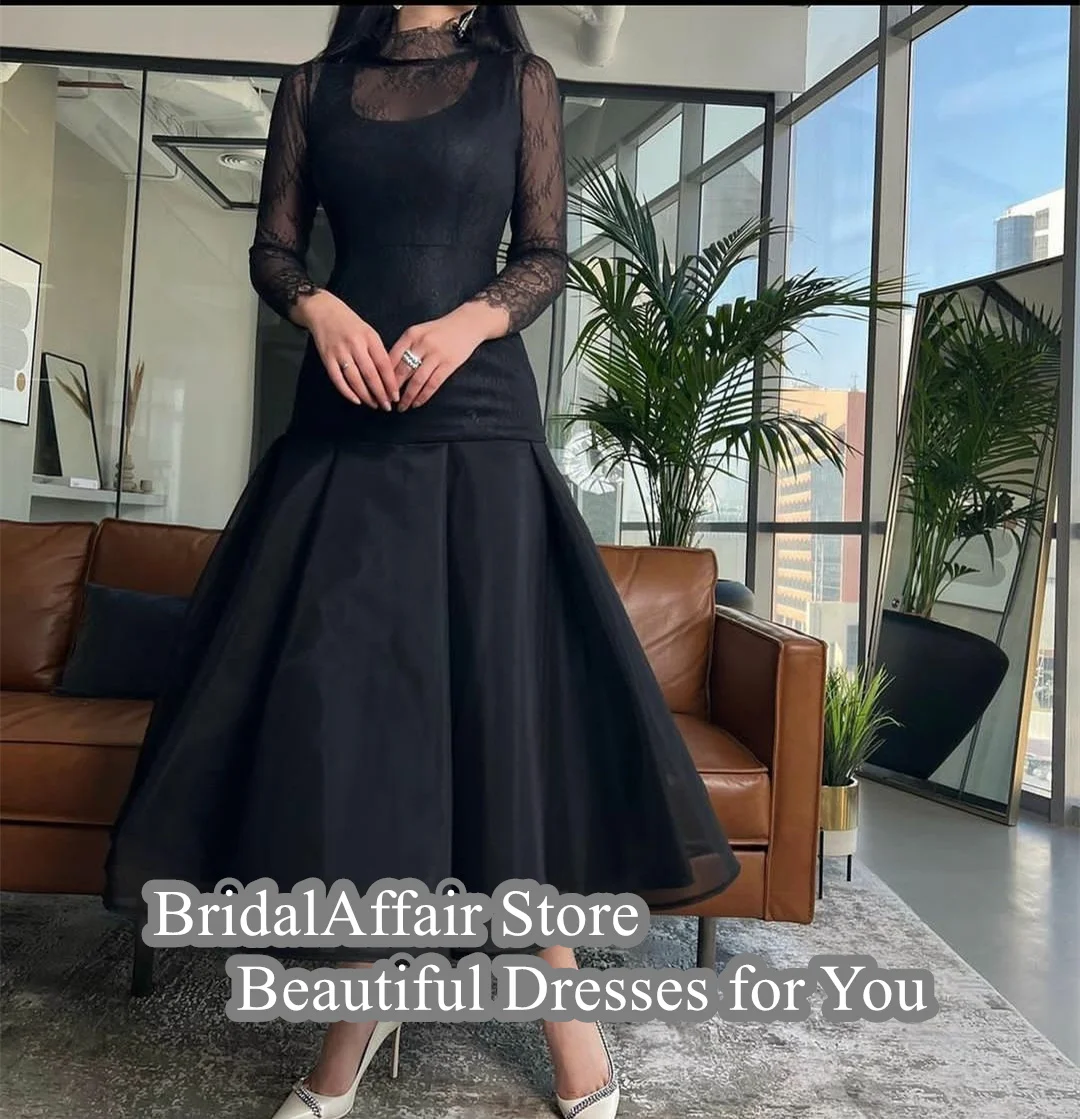 BridalAffair Elegant Short Black Lace Evening Dresses A-Line High Neck Tea Length Zipper Robe De Mariée Party Gown For Women