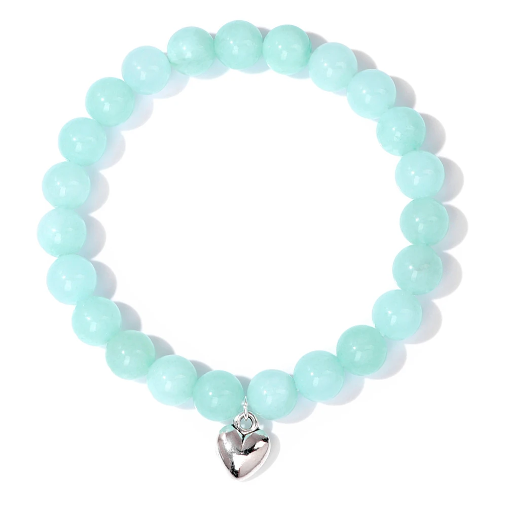 Silver Color Heart Charm Bracelet 8MM Blue Amazonite Howlite Turquois Stone Bead Stretch Wristband Friendship Jewelry Gift