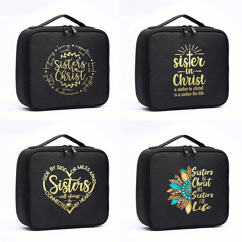 Christ print and black shell, adjustable partition, travel makeup bag, large professional portable makeup bag