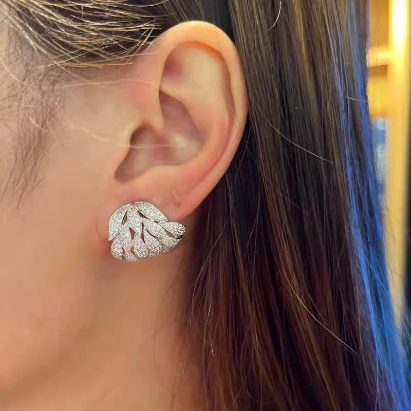 Fashionable Copper Silver Leaf Earrings for Women Fully Dazzling Crystal Cubic Zirconia Earrings Wedding Party Jewelry