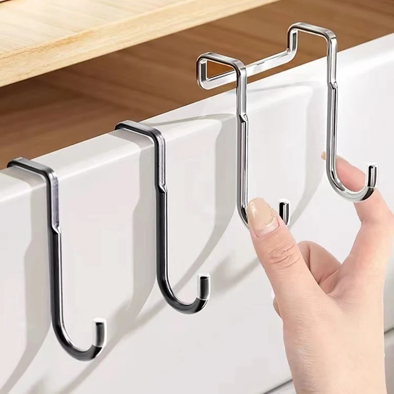 201 Stainless Steel Hook Free Punching Double S-Shape Hook Kitchen Bathroom Cabinet Door Back Type Coat Towel Storage Hanger