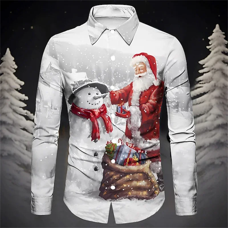 Men's Christmas Fun Pattern Ethnic Print Shirt Long Sleeve Lapel Light Soft Fabric Hawaiian Casual Clothing Young Men's Top