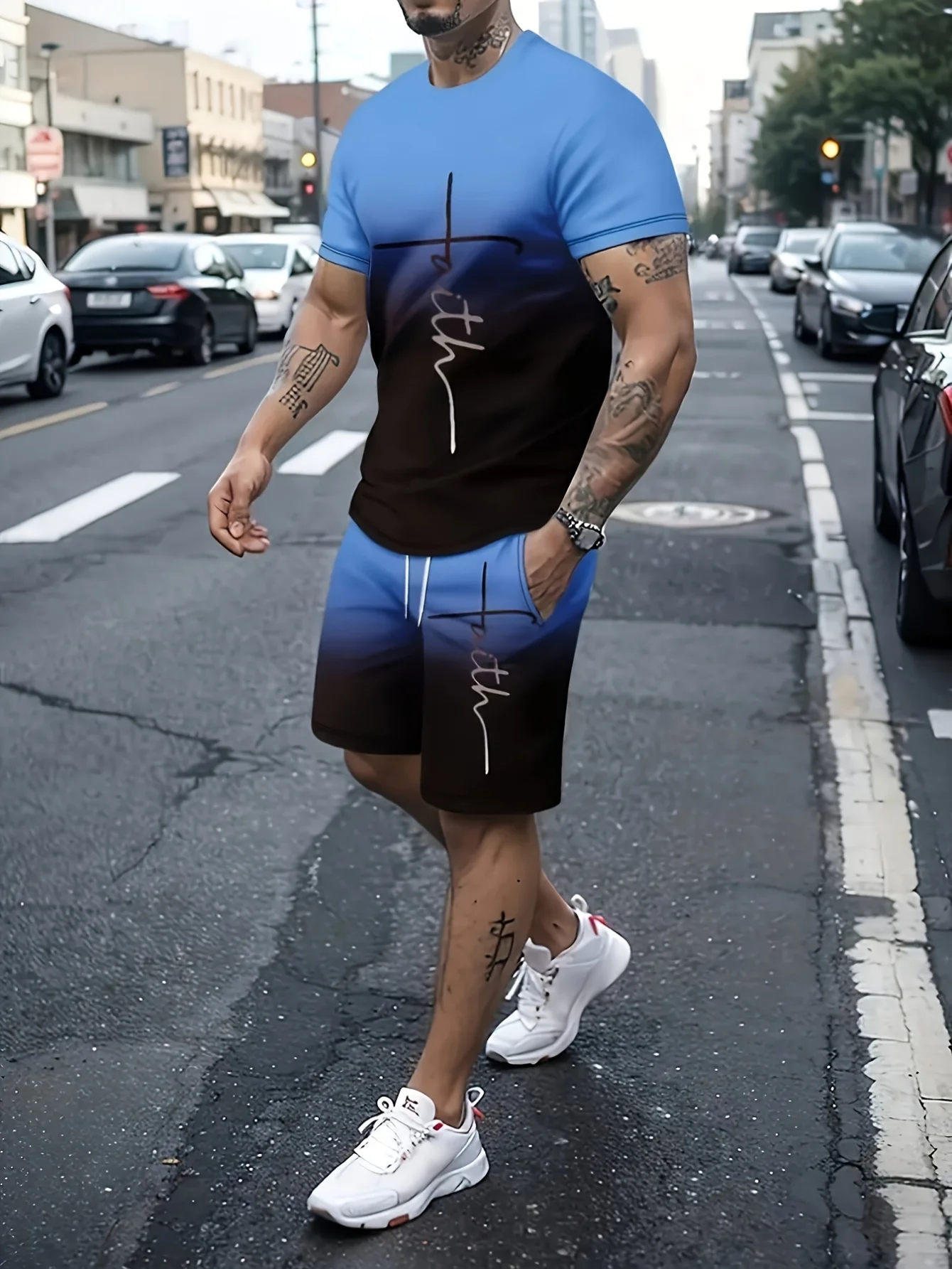 Conjunto de 2 piezas para hombre con estampado de texto 'Faith' en degradado azul y negro, camiseta de cuello redondo y pantalones cortos con cordón, chándal transpirable informal para la calle y vacaciones