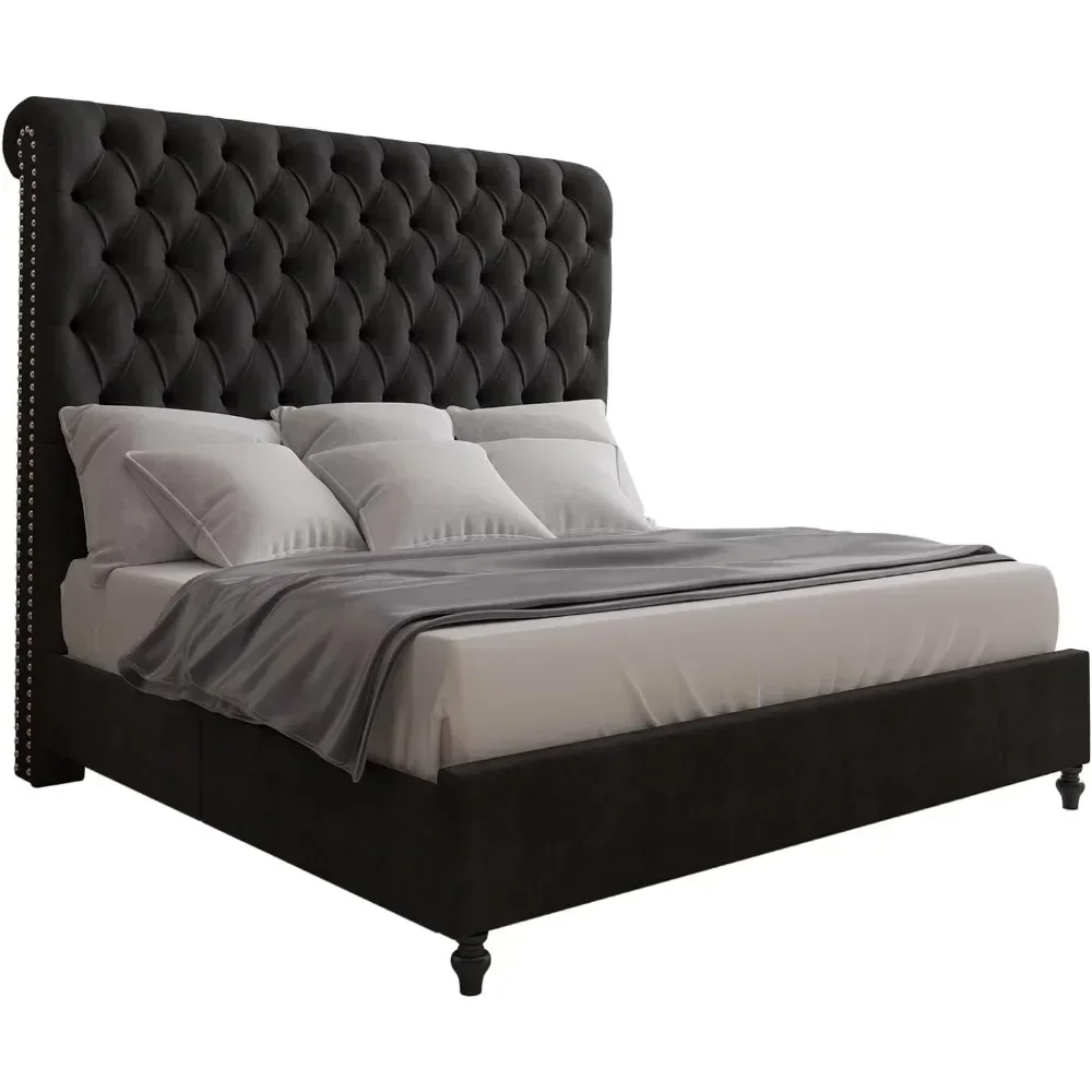 

Hot King Size Bed Frame With Sleigh Headboard 60" Tall Velvet Upholstered Platform Bed, No Box Spring Needed, Black Bed Frame