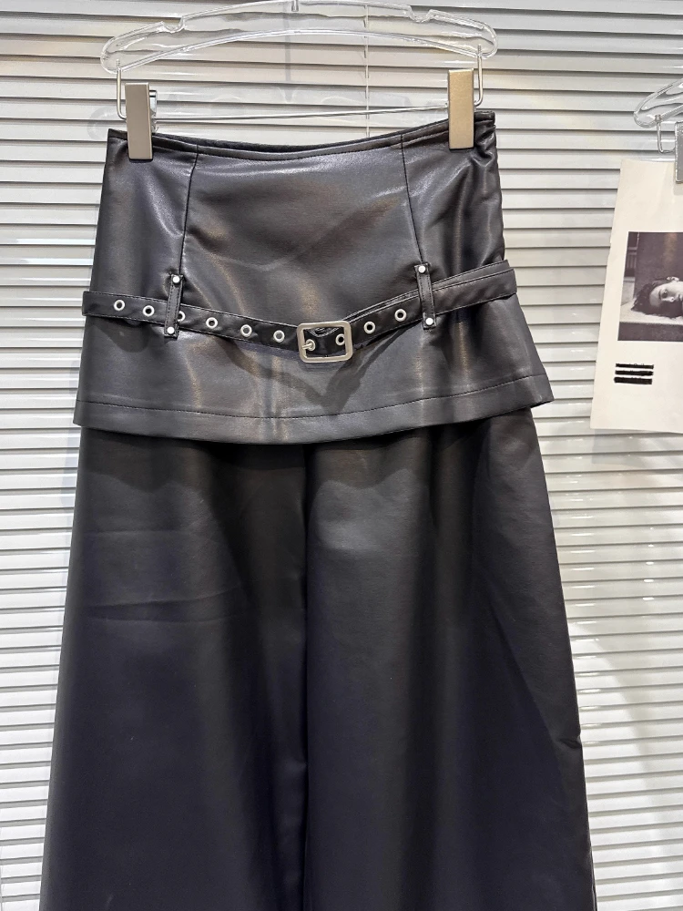 2025 Autumn New Street Style Belted Skirt Fake Two-Piece Wide-Leg Pants Cargo Pants For Women PU Leather Trousers Ladies Trendy