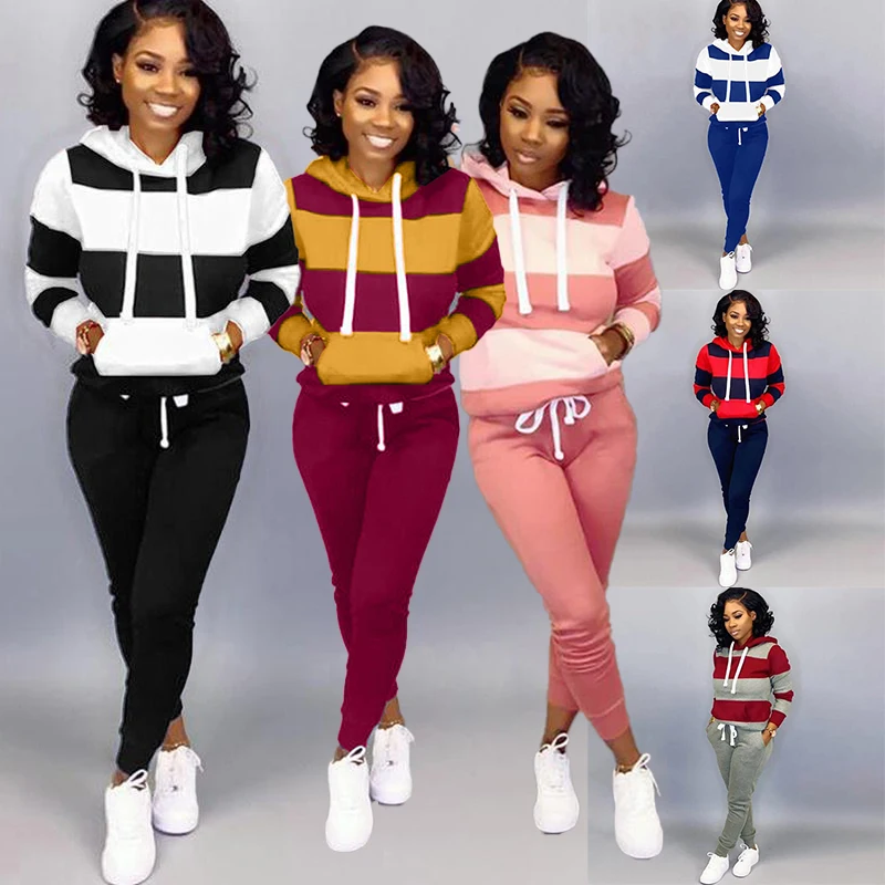 

Autumn/Winter Women's Hooded Jogging Set Fashion Striped Hoodie Set Fashion Pullover Hoodie+2 pieces of Sports Pants