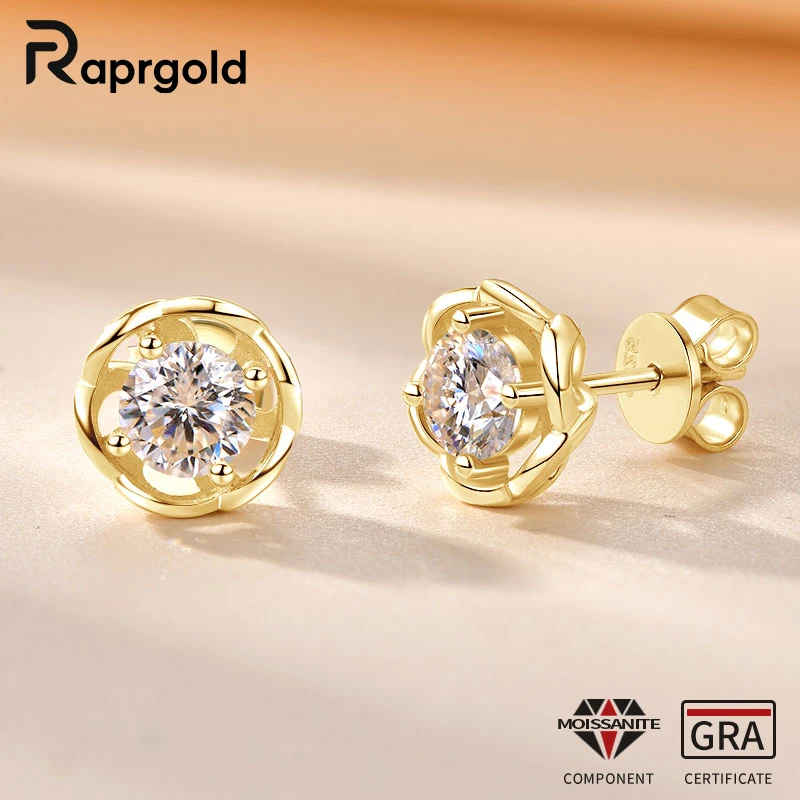 

RAPRGOLD 0.5CT Round Cut Moissanite Solitaire Flower Piercing Stud Earrings for Women S925 Sterling Silver Fine Jewelry Gifts