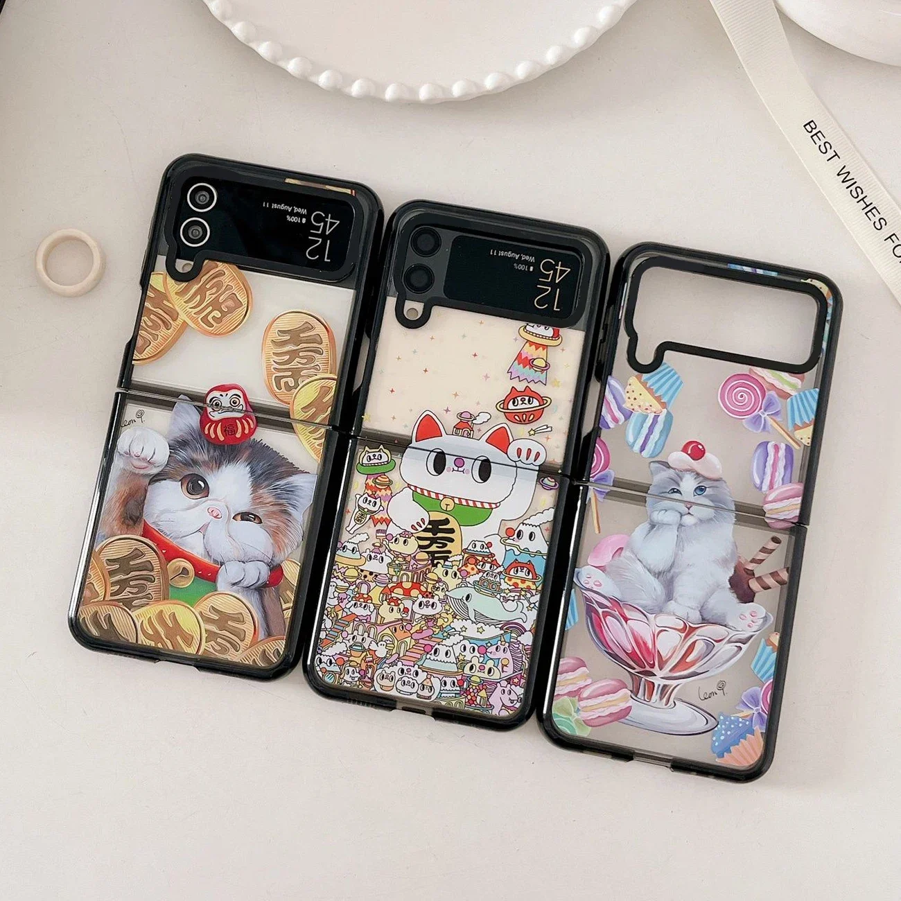 Acrylic Black Border Fortune Cat Phone Case for Samsung Galaxy Z Flip 5 4 3 Back Cover for ZFlip3 ZFlip4 ZFlip5 Hard Case Shell