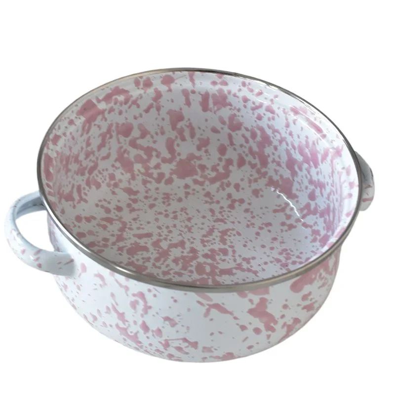 Vintage Enamel Cast Iron Soup Pot in Pink with Ink Splatter – Perfect for Dorm Room Noodles or Home Stews on An Induction or Gas