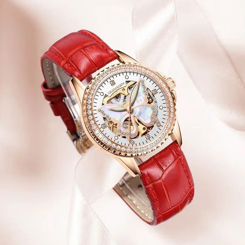 Guanqin relógio automático feminino luxo mecânico borboleta motivo esqueleto mostrador de aço lazer 50m à prova dwaterproof água relógios luminosos