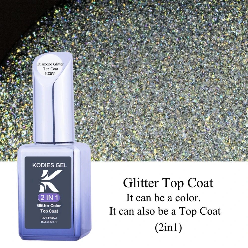 KODIES GEL Diamond Top Coat for Nail Varnish 15ML Super Shine UV Gel Nail Polish Soak Off Semi Permanent Glitter Topcoat No Wipe