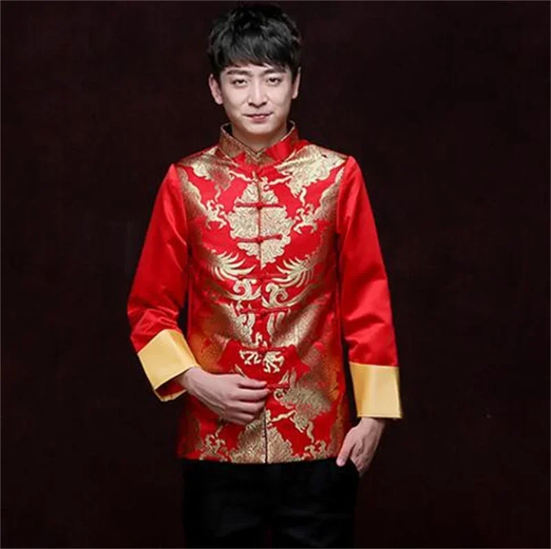 Tang Anzug rot traditionelle chinesische Kleidung Männer Hanfu Stickerei Top Drachen druck Vintage Satin Kung Fu Neujahr Party Etikette