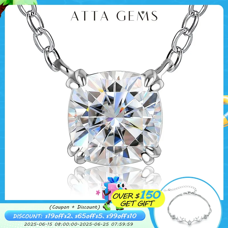 

ATTAGEMS 925 Silver Necklace Pendant Cushion Cut 1.0ct D Color White Moissanite Pass Diamond Test for Women Elegant Necklace