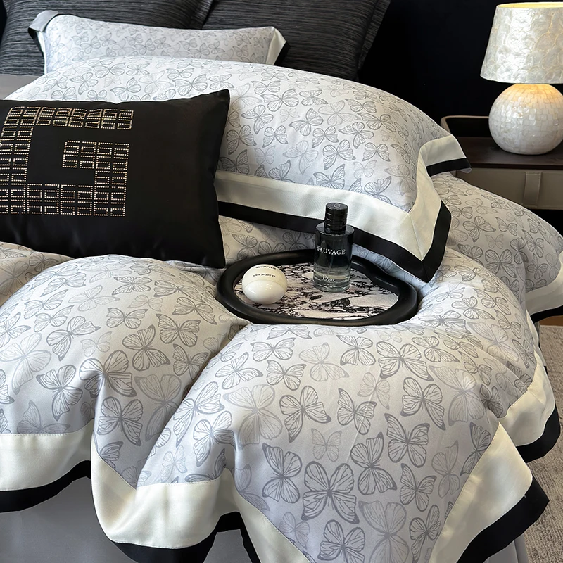 High-End 600TC Lyocell Jacquard Luxury Bedding Set Butterfly Duvet Cover Pillowcases Flat/Fitted Sheet Cooling Soft Bed Linen
