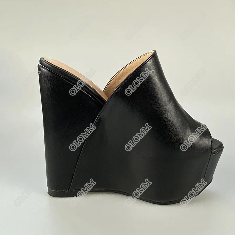 Olomm Handmade Women Summer Platform Mules Sandals Wedges High Heels Open Toe Elegant Black Party Shoes Women US Plus Size 5-20