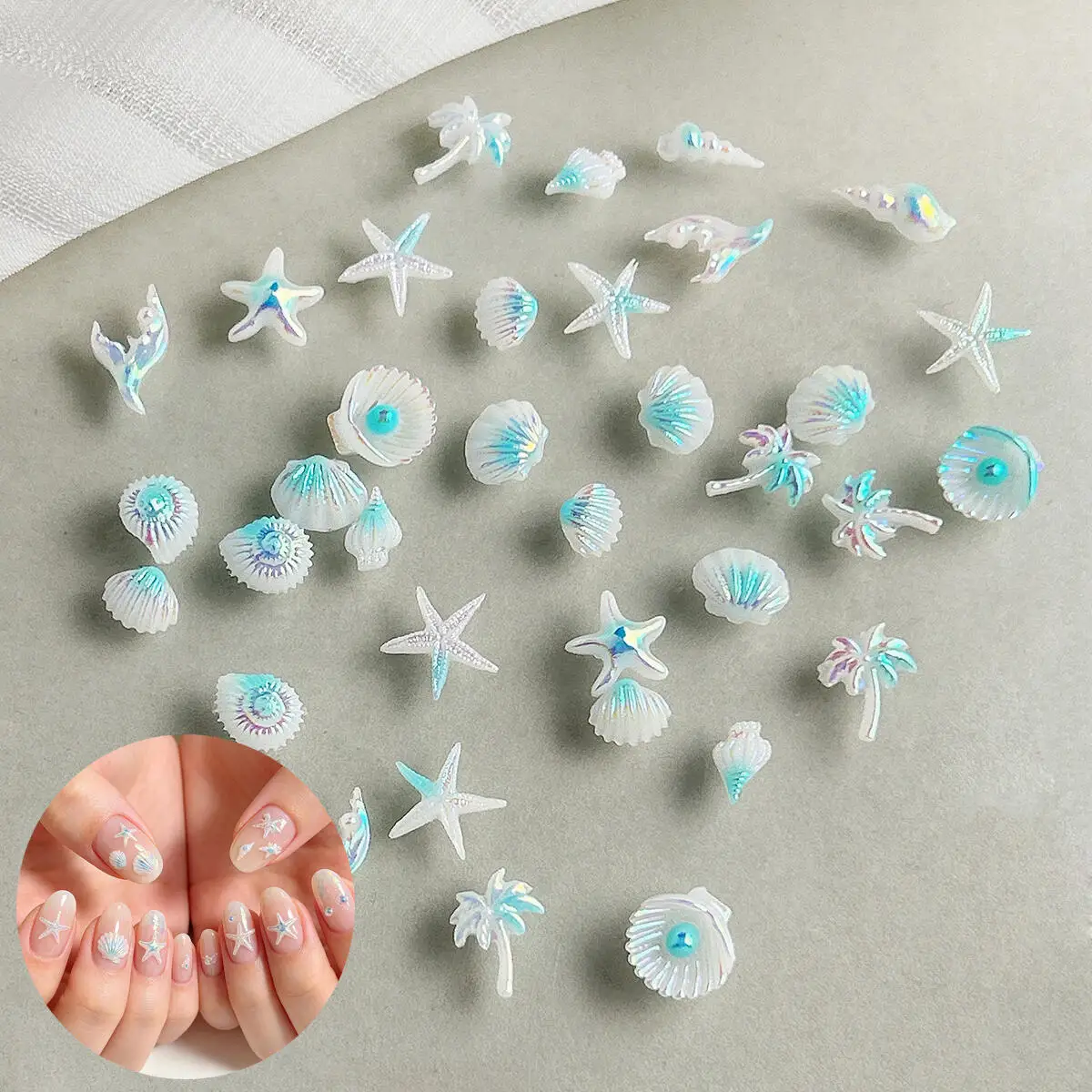 50PCS Multiple Style Simulated Ocean Series Nail Art Charms Creative Gradient Shell Starfish Coconut Tree Nail Decorations DIY