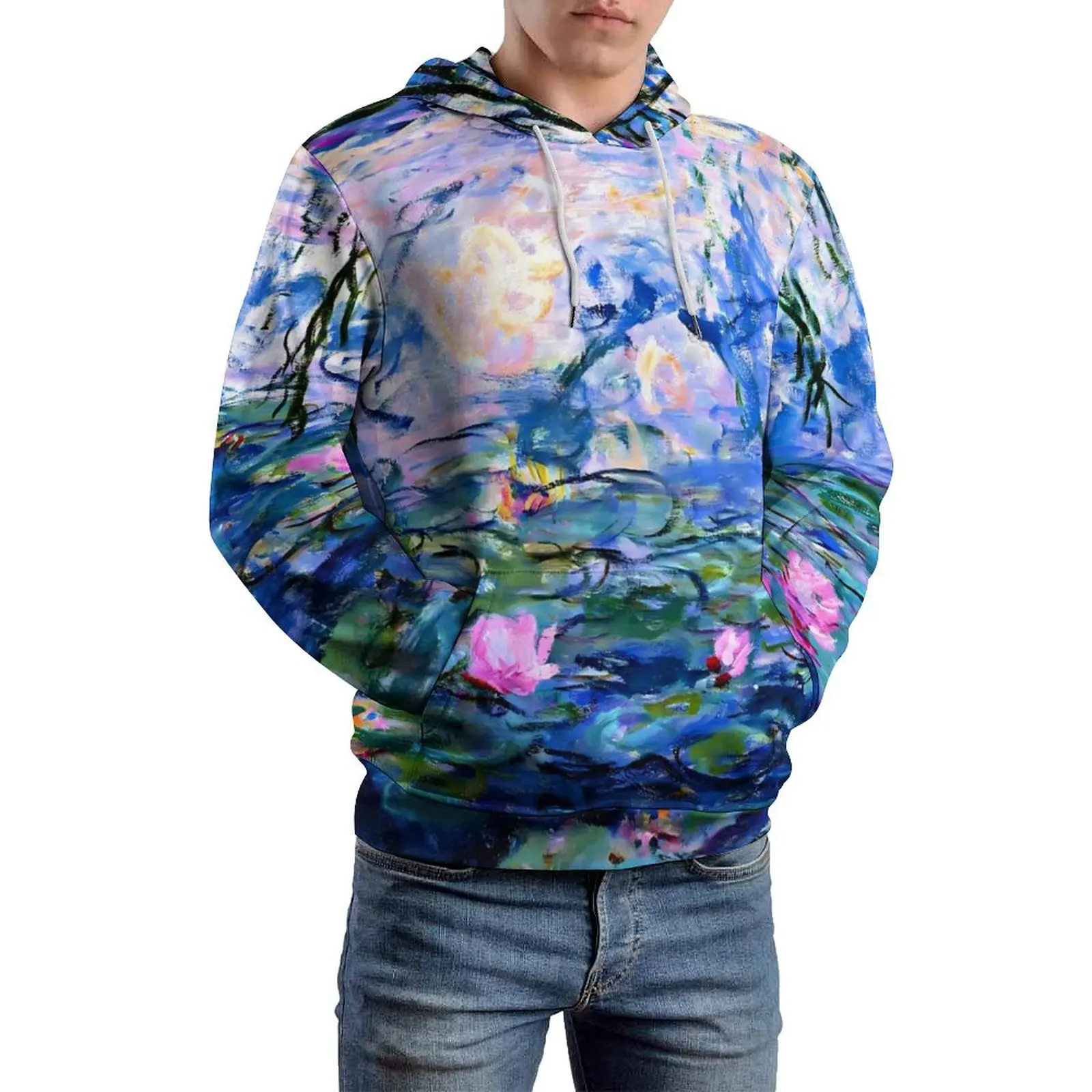 Van Gogh Casual Hoodies Water Lilies Print Loose Hoodie Men Long Sleeve Kawaii Graphic Hooded Sweatshirts Plus Size