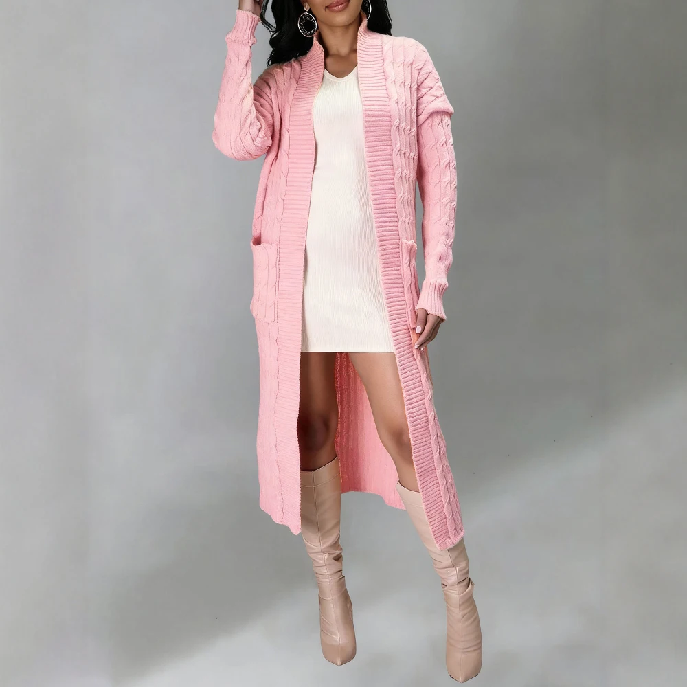 2025 New Women's Fashionable Casual Cardigan Sweater Long Sleeve Solid Color Long Knit Cardigan Autumn Winter Amazon Style