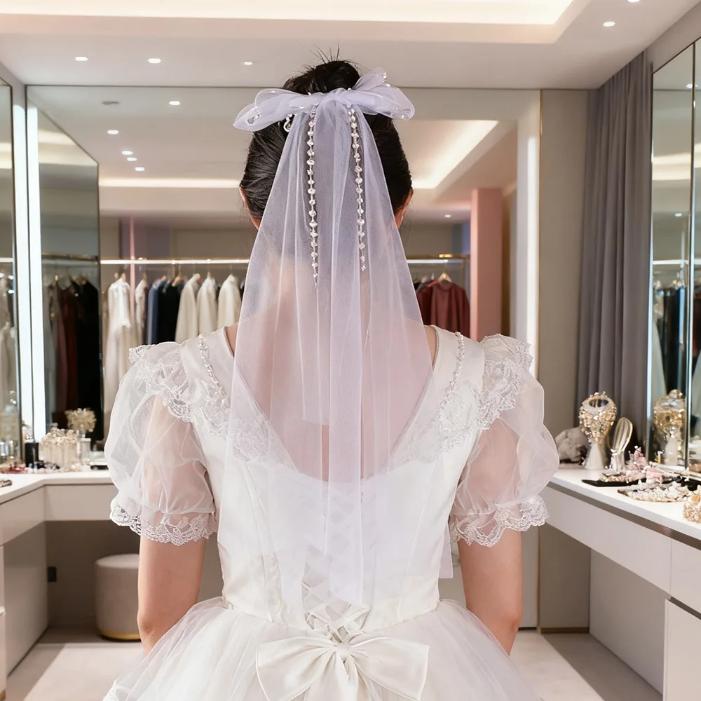

Simple Short Bridal Veils Beaded Pearl with Bow Wedding Party Bride to be Marrige Accessories