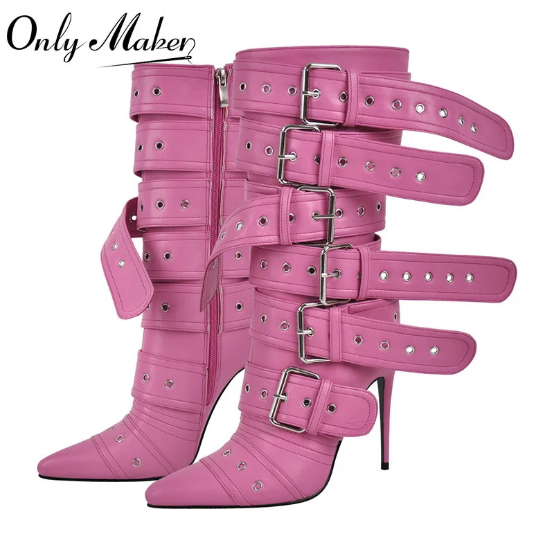 Onlymaker Women Pink Mid-Calf Boots Buckle Strap Thin High Heel Lady Zipper Female Pointed Toe  Stiletto Boots