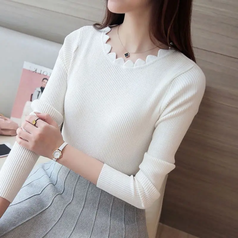 JY Spring and Autumn New Lace Round Neck Sweater Solid Color Hoodie Long Sleeve Inner Slim Knitted Sweater for Women