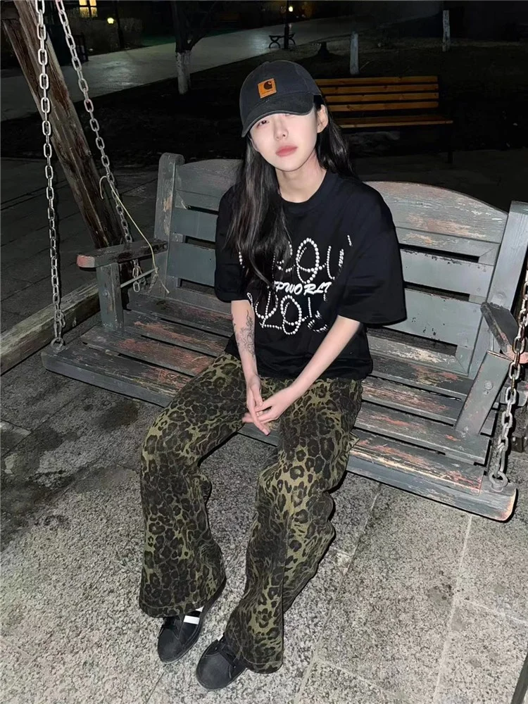 

American Style Vintage Leopard Print High Waist Women's Jeans Extended Leg Lengthening Wide Leg Pants for Taller Ladies