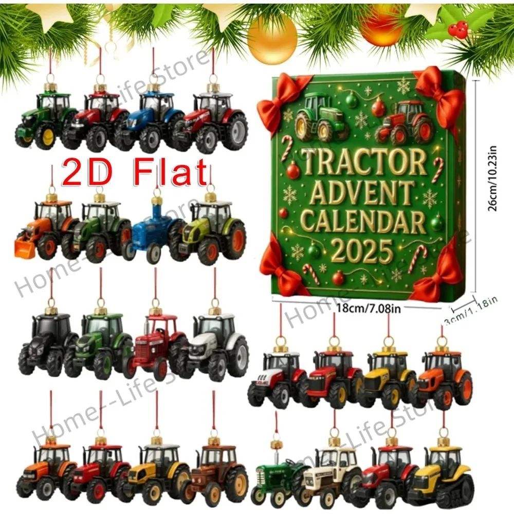 

2025 Tractor Advent Calendar, 24 Days Christmas Countdown Calendar with 24 Different Tractors Ornaments