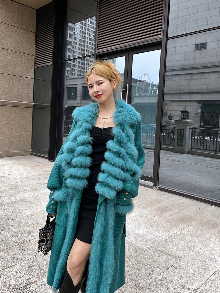 2024 New Real fur,Women luxury Green Natural fox fur Oversize Knit Sweater Cardigan Herringbone Coat Open Casual Long Outwear