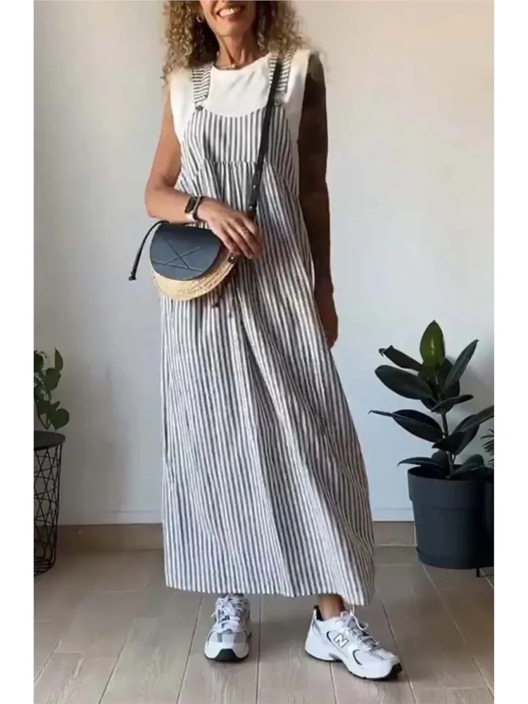 

2024 Bohemian Holiday Sundress Summer Elegant Maxi Dress Women Casual Loose Striped Long Dresses Beach Sleeveless Party Dress