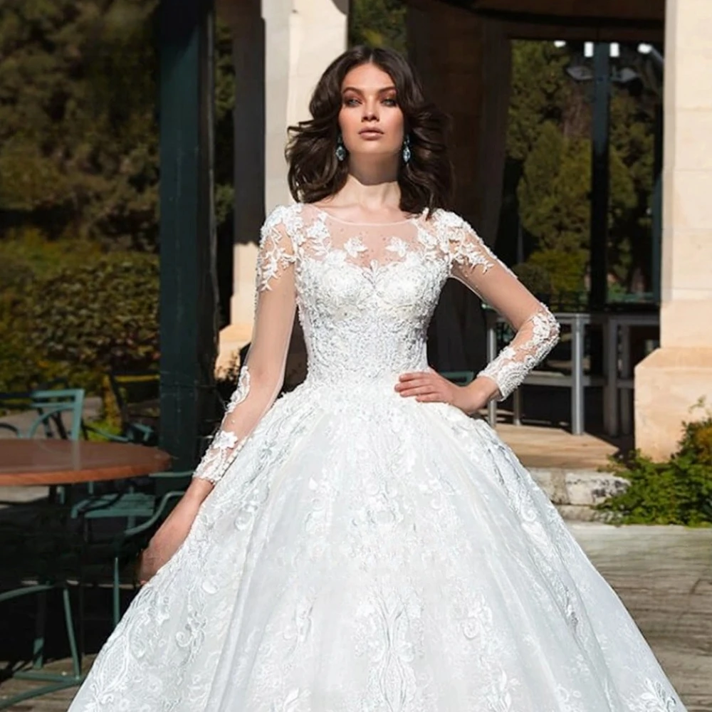 Vestido de novia de lujo, vestido de novia blanco con cuello redondo, manga larga, Apliques de encaje, vestido de novia con cuentas, vestidos de novia de princesa personalizados