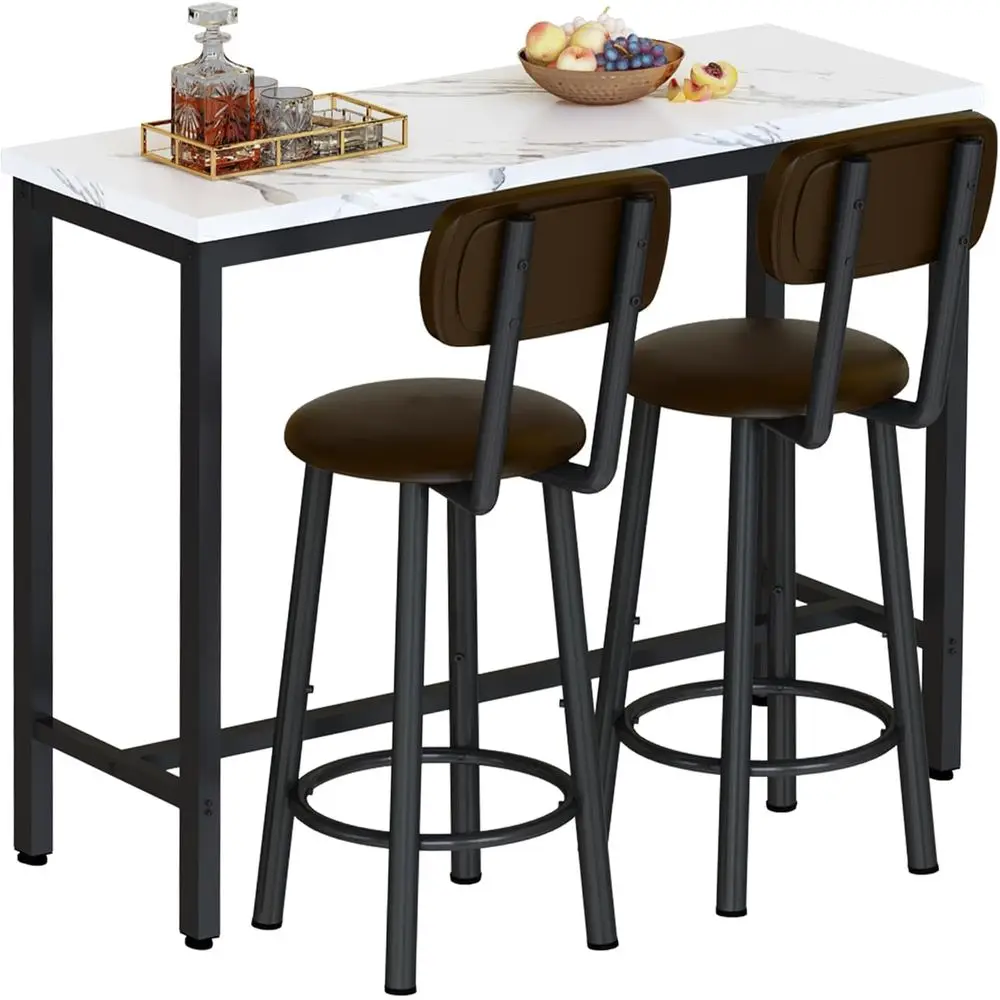 

2-Piece White & Brown Faux Marble Pub Table Set with 2 Backrest Stools for Small Spaces