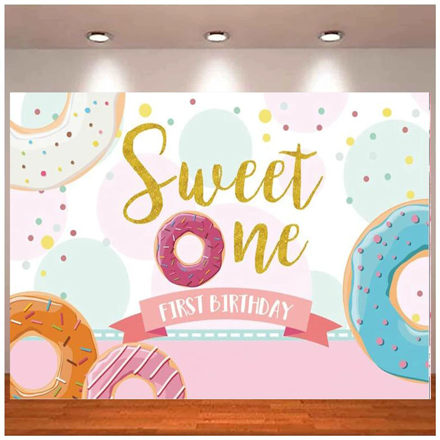 

Photography Backdrop Colorful Donut And Round Dots Background Girls Princess Sweet One First Birthday Celebration Party For Kids